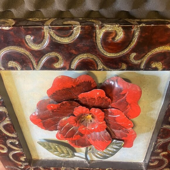 Large Bronze Metal Red Floral Wall Art Enamel Modern Leaf Country Decor 20"x20" - Picture 2 of 7